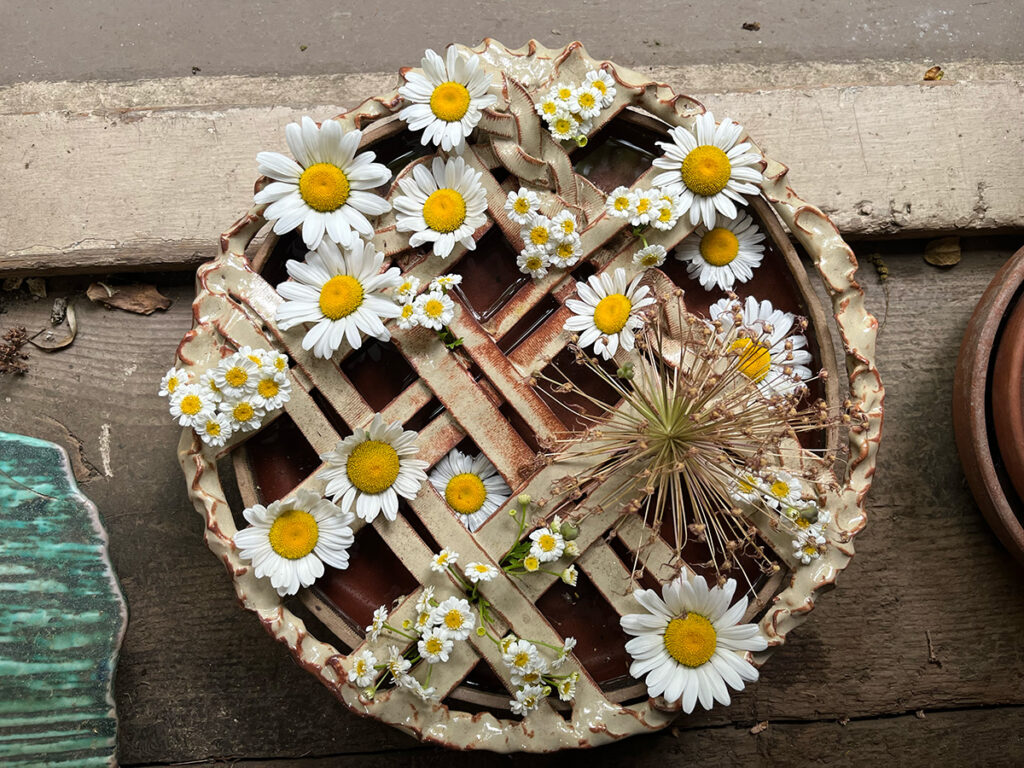 Tim Erdmann's pottery that looks like a pie plate filled with white and yellow flowers.
