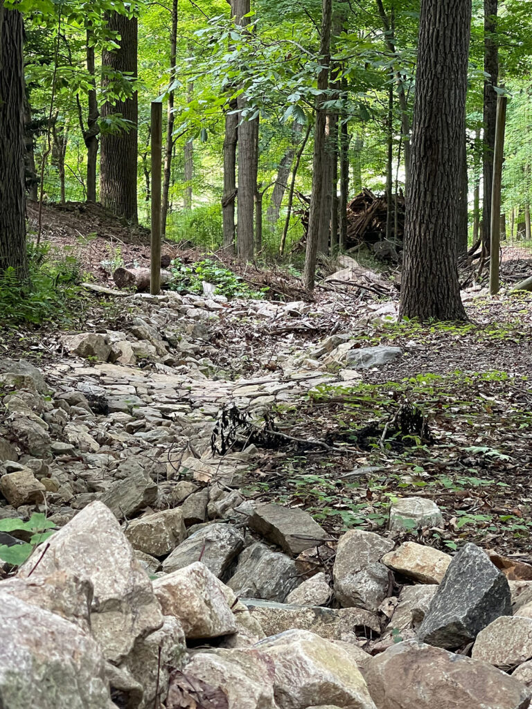 a dry creek bed created from a fallen stone wall for water management