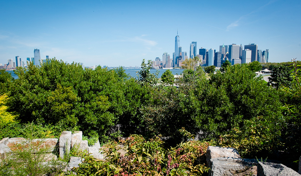 A view of New York Harbor and downtown Manhattan from Governors Island's Outlook hill